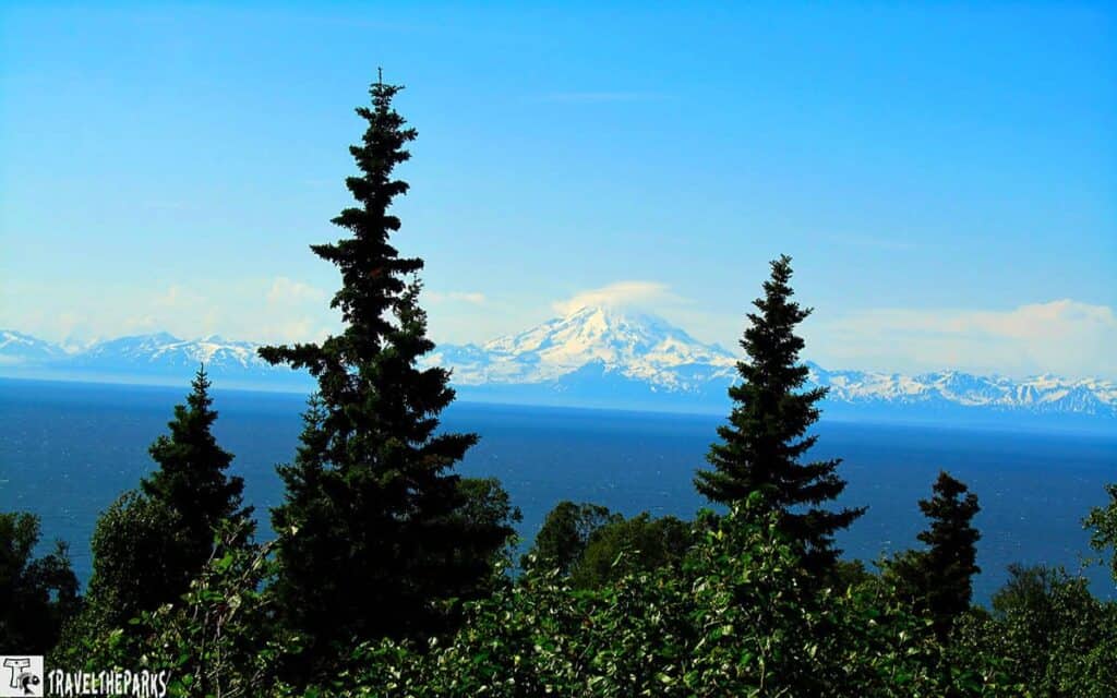 Scenic view of a snow-capped mountain with trees in the foreground.