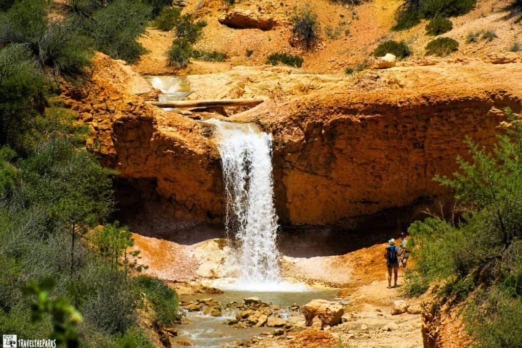 A waterfall flowing into a stream surrounded by orange rock formations and greenery at Bryce Canyon, with two people walking nearby.
