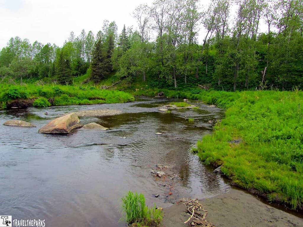 Ninilchik river flows through a lush green landscape with trees and large rocks.