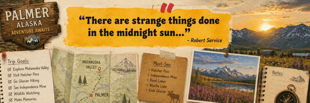 ollage promoting Palmer, Alaska, with a rustic sign, a map, and a scenic sunset over mountains.

Transcribed Text:

PALMER ALASKA ADVENTURE AWAITS
"There are strange things done in the midnight sun..." - Robert Service