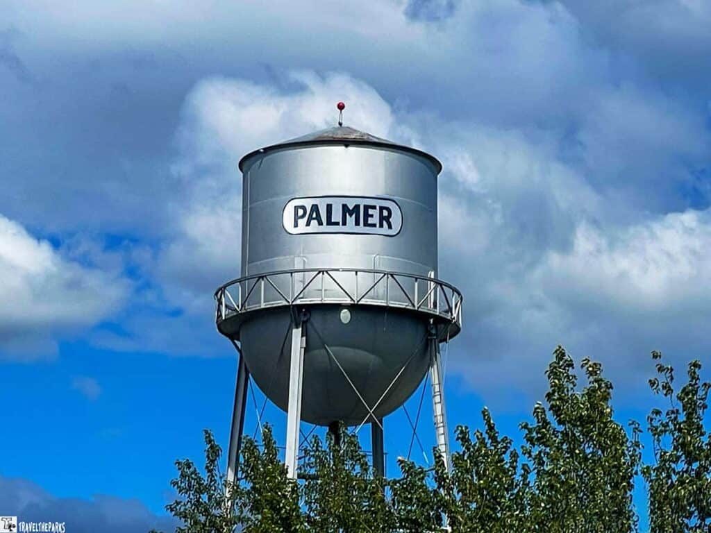 A silver water tower with "PALMER" written on it against a cloudy sky and surrounded by tree foliage.