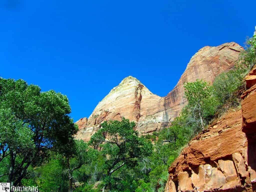 Mountains with layered rock formations under a blue sky, surrounded by green trees and shrubs.