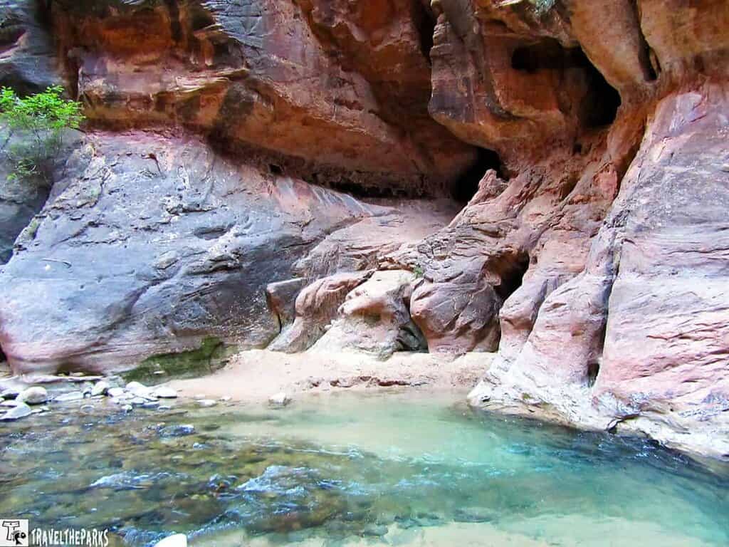 View of the Zion National Park Narrows blue waters in the early morning light