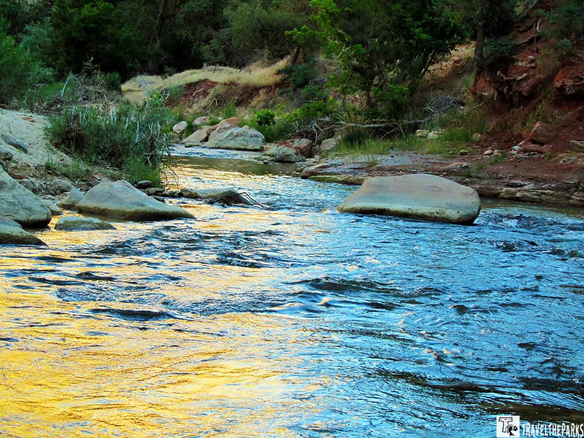 A river reflecting golden light with rocky banks and lush greenery.