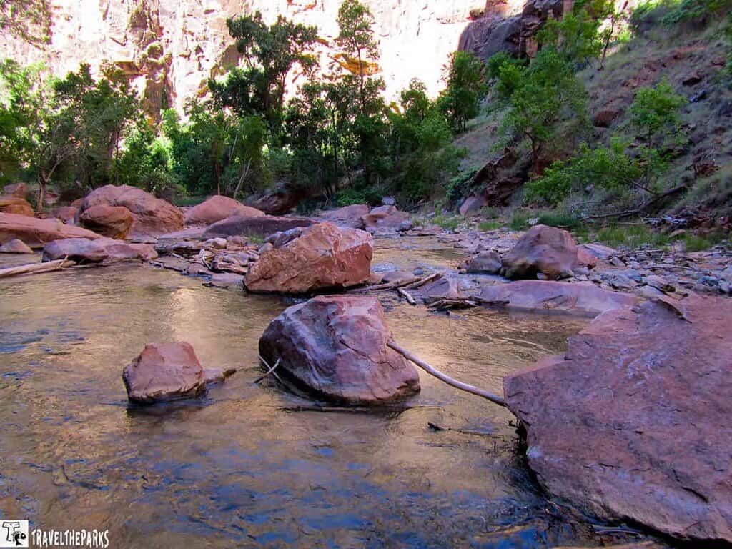 The Virgin River flows by red rocks in Zion National Park near the narrows.