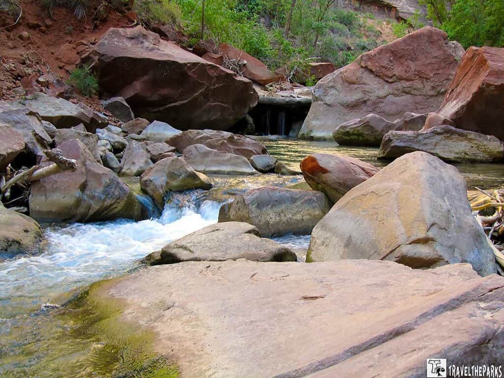 View of the Zion National Park Narrows blue waters in the early morning light