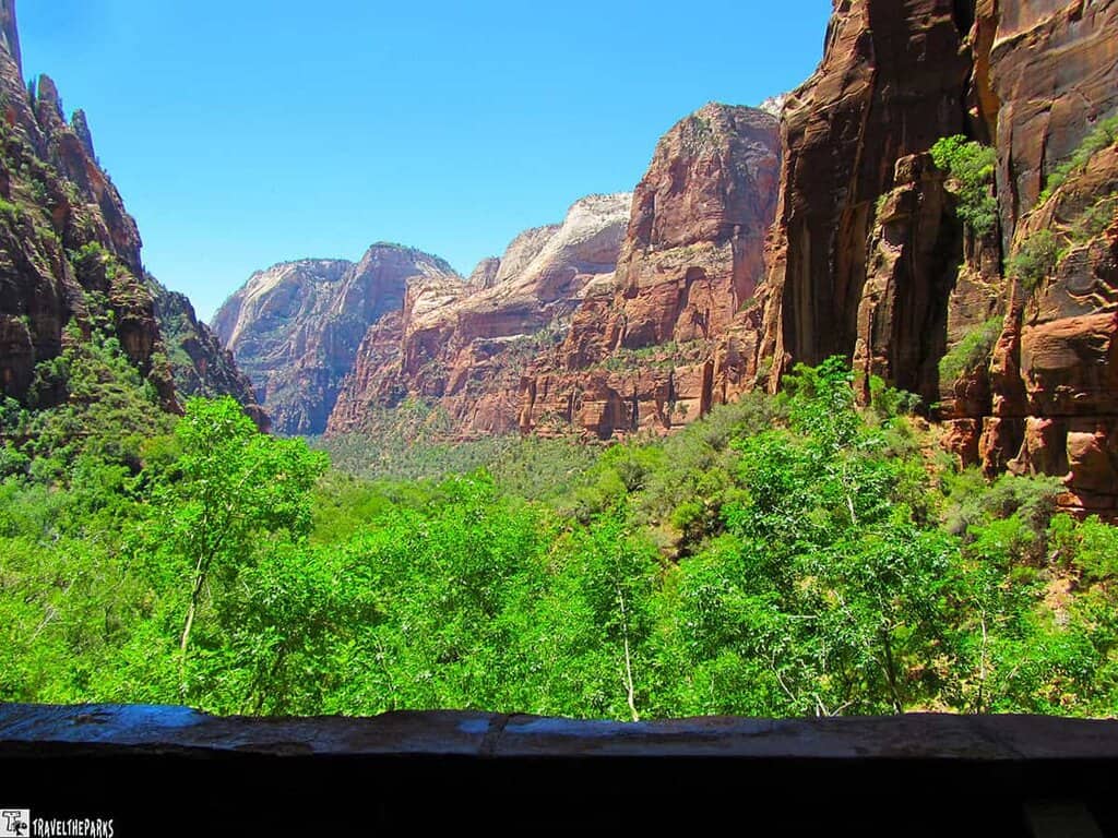 Zion National Park Weeping Rock with green vegetation and towering red cliffs.