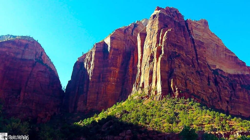 Tall sandstone cliffs in Zion National Park under a blue sky with green trees at the base.