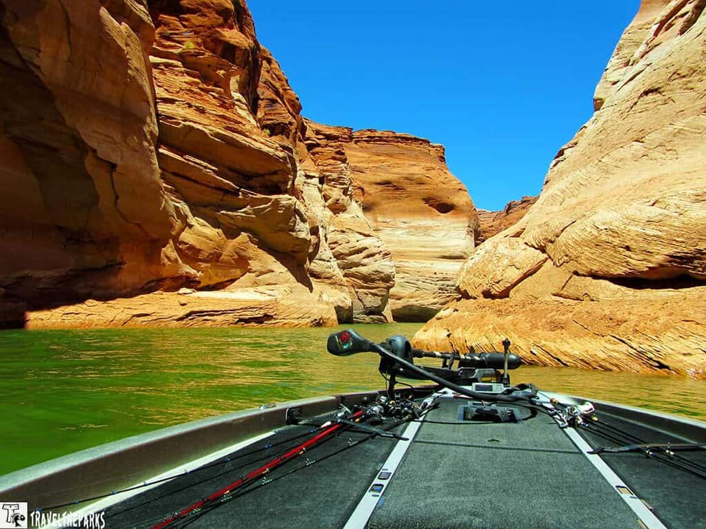 A boat navigating through a narrow, sandstone canyon with green water and a clear blue sky.

