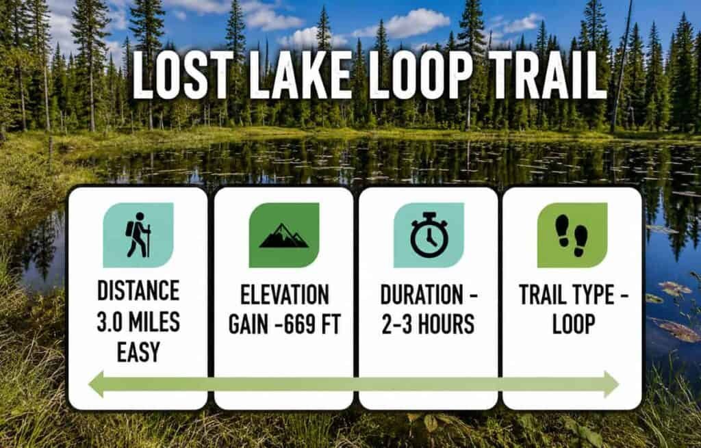 A scenic view of the Lost Lake Loop Trail with a lake, surrounding trees, and blue skies, featuring text boxes detailing trail information.

