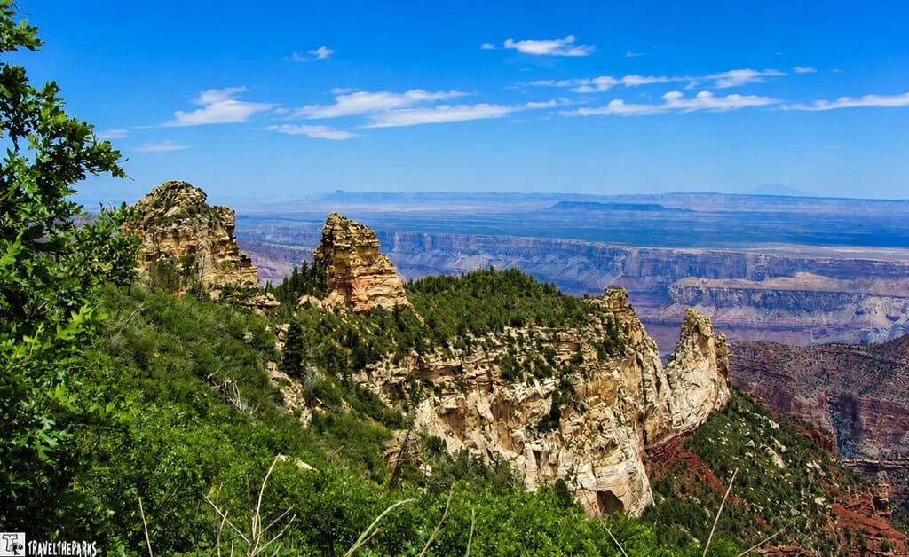 Scenic view of Grand Canyon cliffs and rugged rock spires framed by green forest beneath a bright blue sky; vast, tranquil panorama.