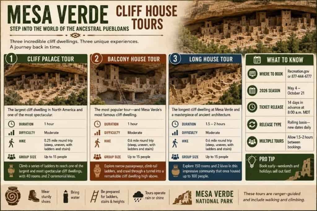 Graphic for Mesa Verde National Park cliff house tours, featuring three tour options with images, descriptions, and essential details about each tour.

