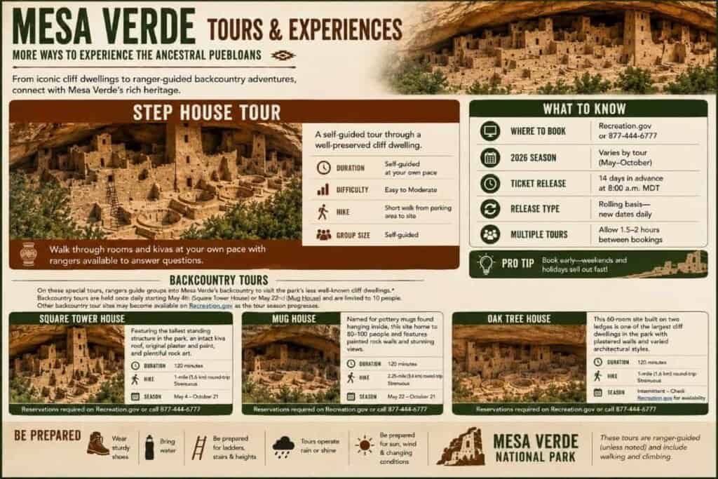 Informational poster about Mesa Verde National Park tours, featuring cliff dwellings, tour details, and booking information.

