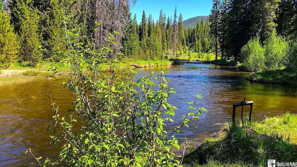A Colorado river meanders through Rocky Mountain National Park, surrounded by vibrant trees and towering mountains near Coyote Valley Trailhead-Trail Ridge Road