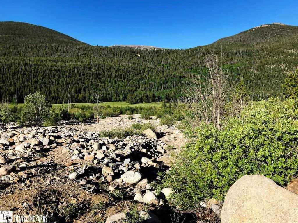 Sheep Lakes, Rocky Mountain NP: A serene landscape with a vibrant green meadow, small pond, and forested hillside under a clear blue sky. Peaceful rural scene.