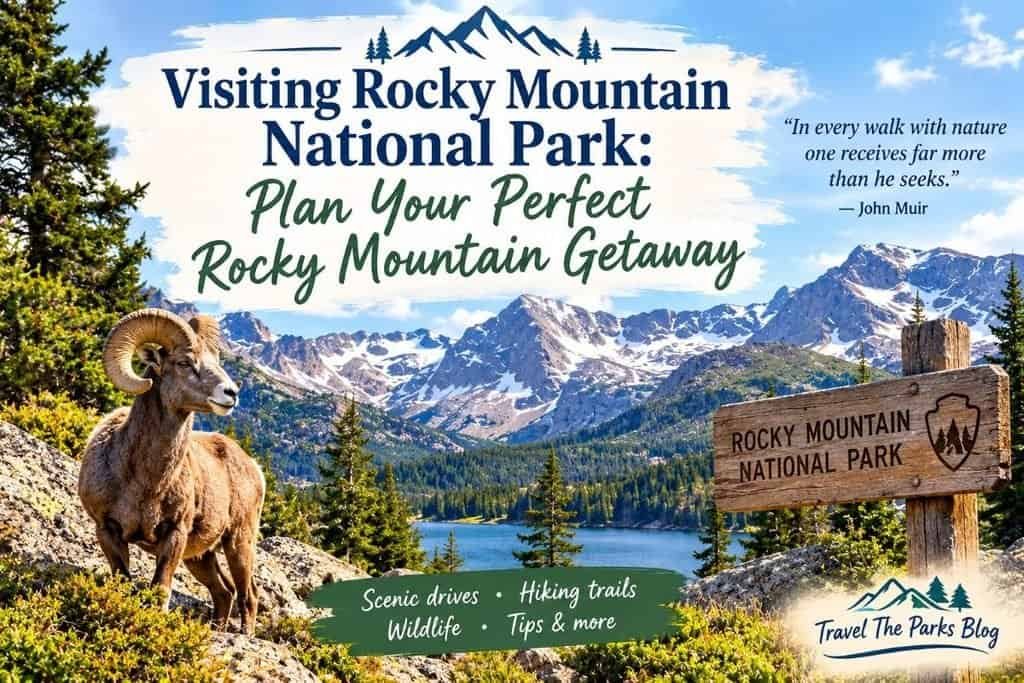 “Scenic view of Rocky Mountain National Park with rugged mountain peaks, alpine landscape, and a quote about planning a perfect Rocky Mountain getaway.