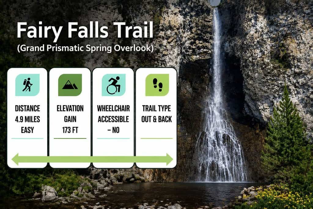 Information about Fairy Falls Trail, including distance, elevation gain, wheelchair accessibility, and trail type, overlaid on a background of a waterfall and rocky cliffs.