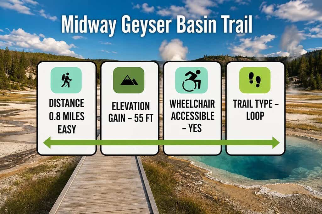 Information about the Midway Geyser Basin Trail, including distance, elevation gain, wheelchair accessibility, and trail type, displayed alongside a scenic landscape with a wooden boardwalk and geothermal features.