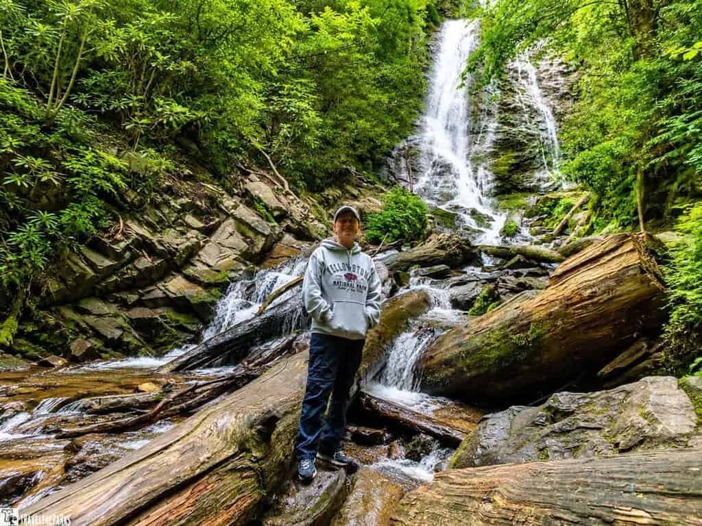 Person standing on logs at the base of Mingo Falls, with cascading water and surrounding greenery.
