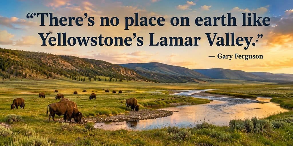 A scenic view of Lamar Valley in Yellowstone National Park featuring grazing bison, a winding river, and rolling hills under a colorful sky. The image includes a quote about the valley by Gary Ferguson.
Transcribed Text:
"There’s no place on earth like Yellowstone’s Lamar Valley." — Gary Ferguson