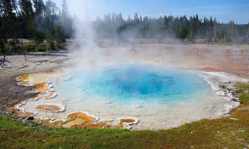 Silex Spring in Yellowstone National Park shows a vibrant turquoise pool surrounded by white and orange mineral deposits, with rising steam and trees in the background.