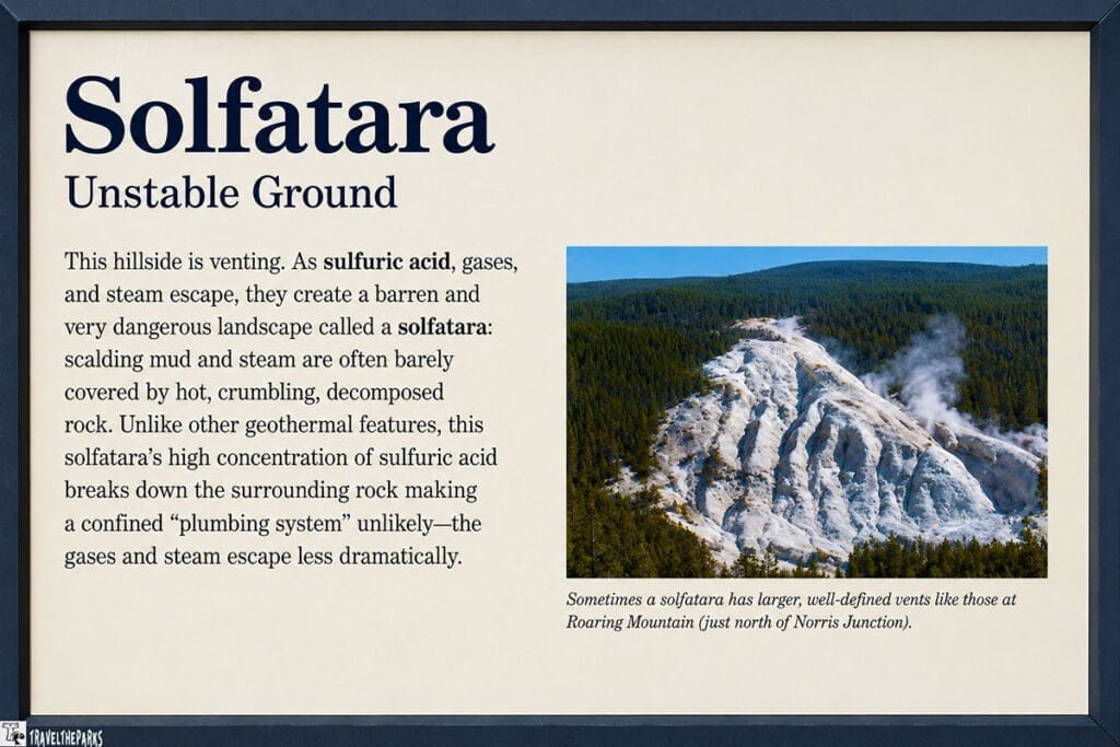 "This hillside is venting. As sulfuric acid, gasses, and steam escape, they create a barren and very dangerous landscape called a solfatara: scalding mud and steam are often barely covered by hot, crumbling, decomposed rock. Unlike other geothermal features, this solfatara’s high concentration of sulfuric acid breaks down the surrounding rock making a confined “pluming system” unlikely – the gases and steam escape less dramatically." Solfatara-Unstable Ground