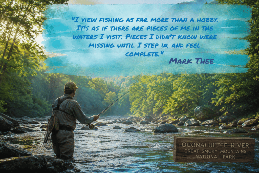 A fly fisherman stands in a river wearing waders, with greenery surrounding him. A quote about fishing appears in blue handwritten text against a light blue watercolor background.

Transcribed Text:

"I view fishing as far more than a hobby. It's as if there are pieces of me in the waters I visit. Pieces I didn't know were missing until I step in, and feel complete."
Mark Thee
Oconaluftee River
Great Smoky Mountains
National Park