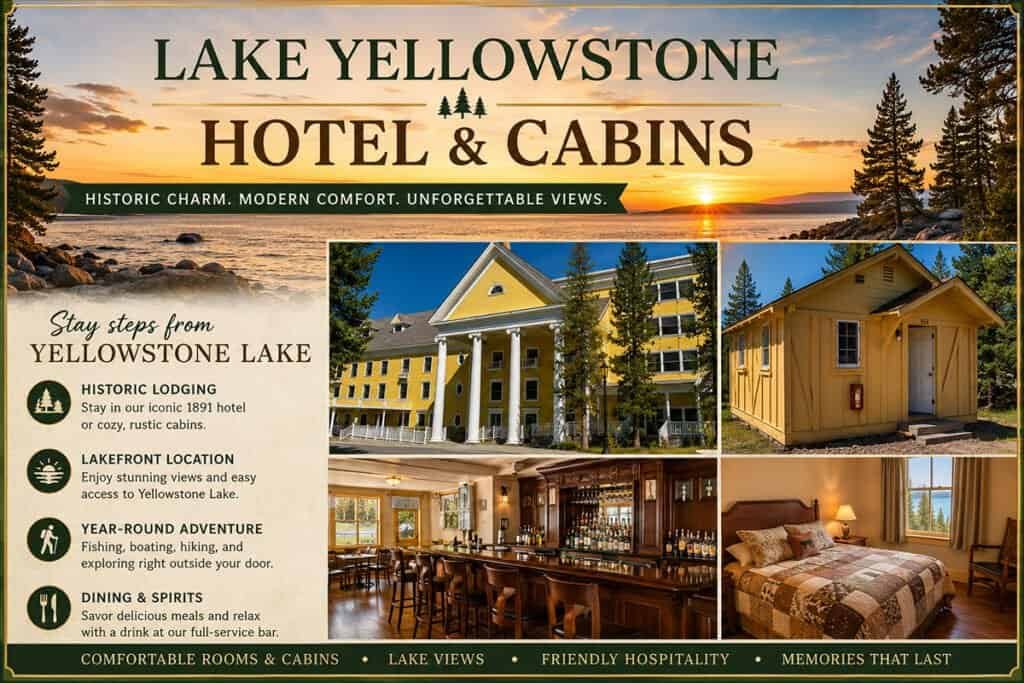 Promotional image for Lake Yellowstone Hotel & Cabins featuring a sunset over Yellowstone Lake, the hotel in yellow with prominent columns, a rustic yellow cabin, a bar area with wooden furnishings, and a cozy guest room with a quilted bed.