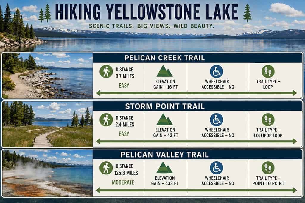 A scenic overview of Yellowstone Lake with three displayed hiking trails details: Pelican Creek Trail (0.7 miles, easy), Storm Point Trail (2.4 miles, easy), and Pelican Valley Trail (125.3 miles, moderate). Each trail is indicated with symbols for distance, elevation gain, and wheelchair accessibility.