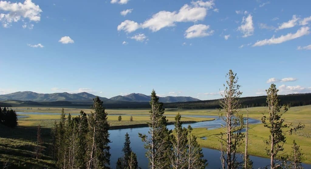Panoramic shot of Hayden Valley in Yellowstone, featuring mountains and a river seen from an elevated hill.