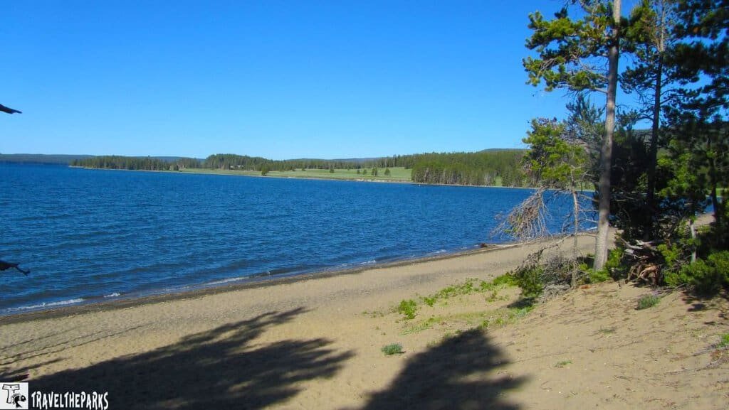 Scenic view of a sandy shoreline at Grant Village, Yellowstone Lake, with forested hills in the background.