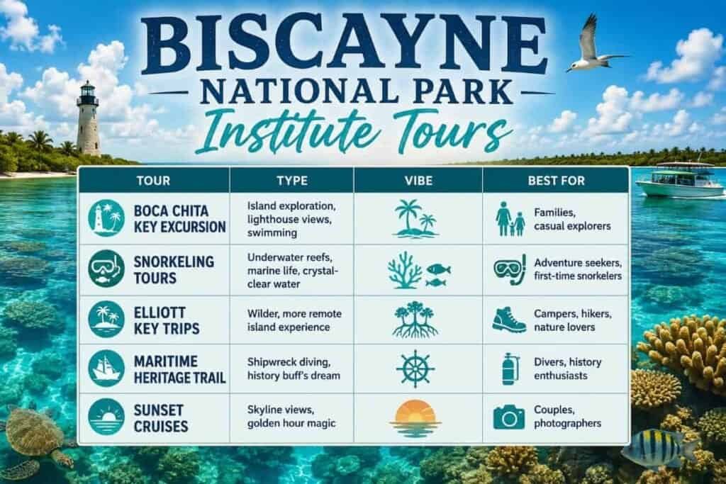 Promotional graphic for Biscayne National Park Institute Tours featuring a coastal scene with a lighthouse, turquoise water, and a sea turtle. A table lists various tours with details about type, vibe, and suitability.

