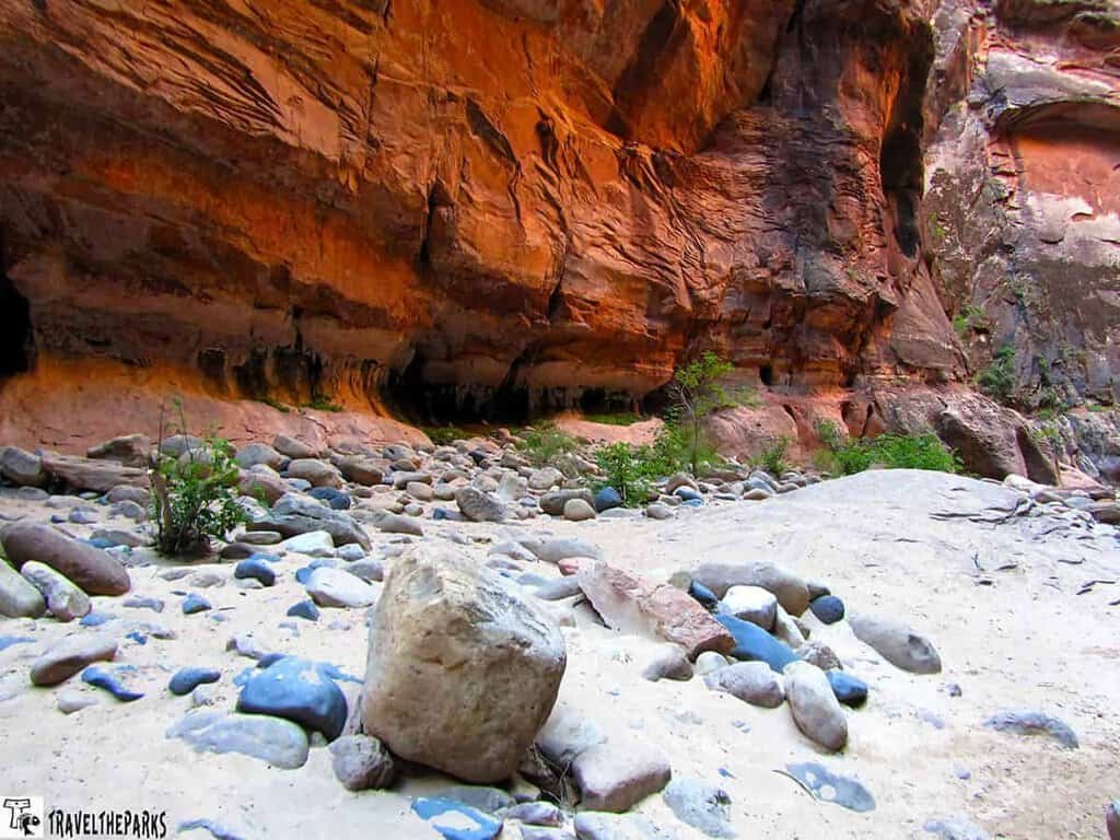 A narrow canyon with tall reddish-brown rock walls and a sandy riverbed covered in various smooth stones and small plants.

