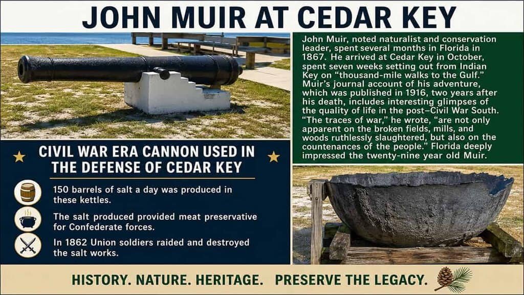 Collage of a Civil War-era cannon, a plaque about John Muir in Cedar Key, text about Civil War defenses, and a large historical kettle for salt production.