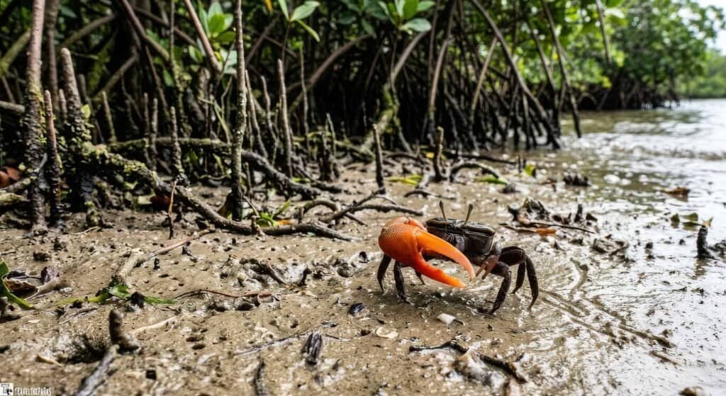 A black crab with a large orange claw stands on a sandy mudflat, surrounded by mangrove roots and green foliage in a coastal environment.