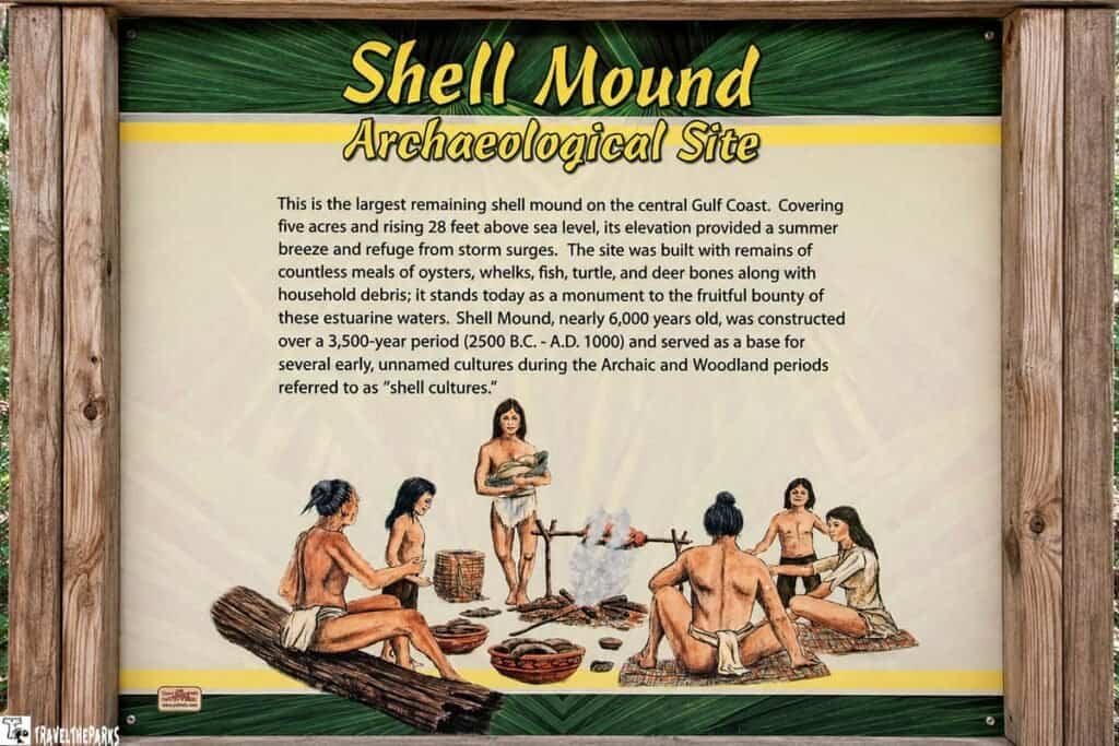 Informational sign for the Shell Mound Archaeological Site featuring text about its history and significance, accompanied by an illustration of figures engaging in traditional activities around cooking vessels.