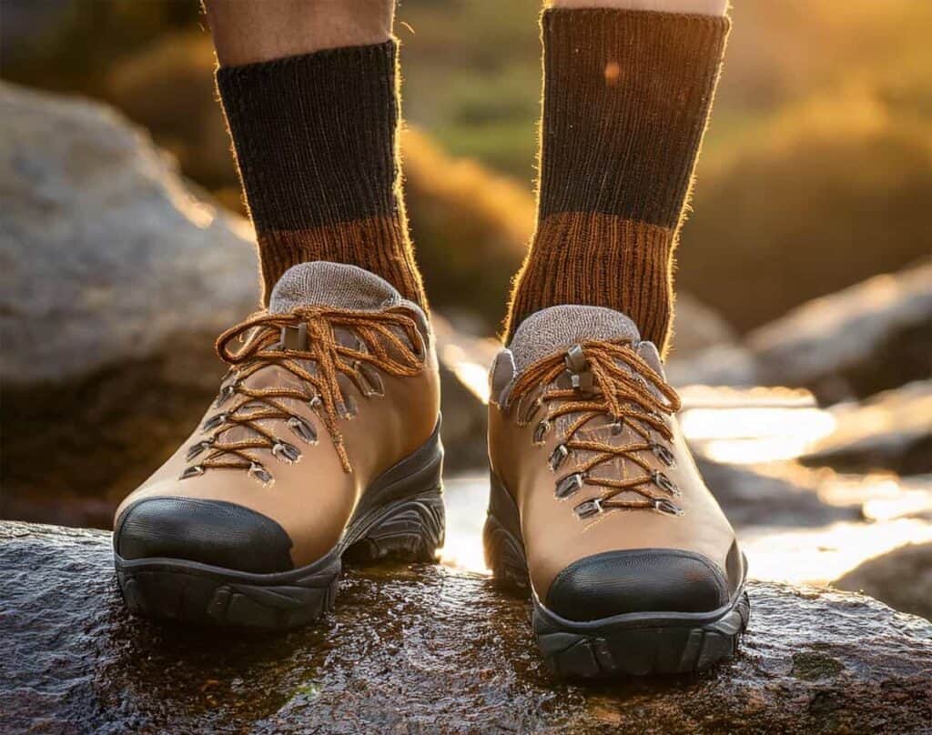 Close-up of tan hiking boots with black toe caps and brown socks on a wet rock.

