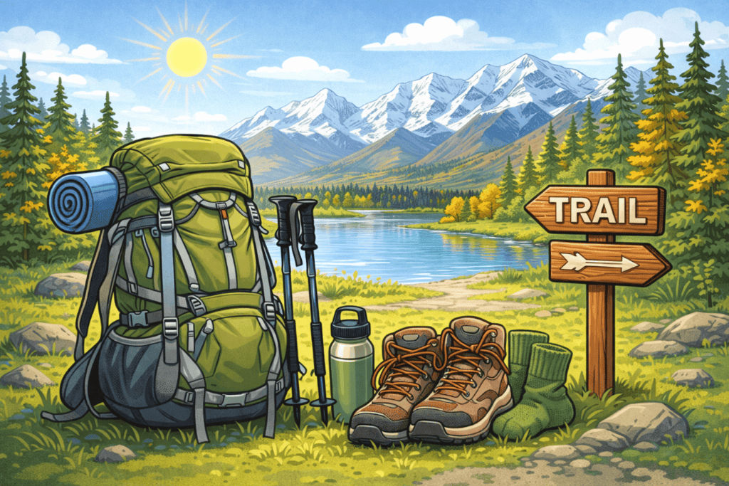 A campsite with a green backpack, hiking gear, and a trail sign beside a lake and snow-capped mountains.

