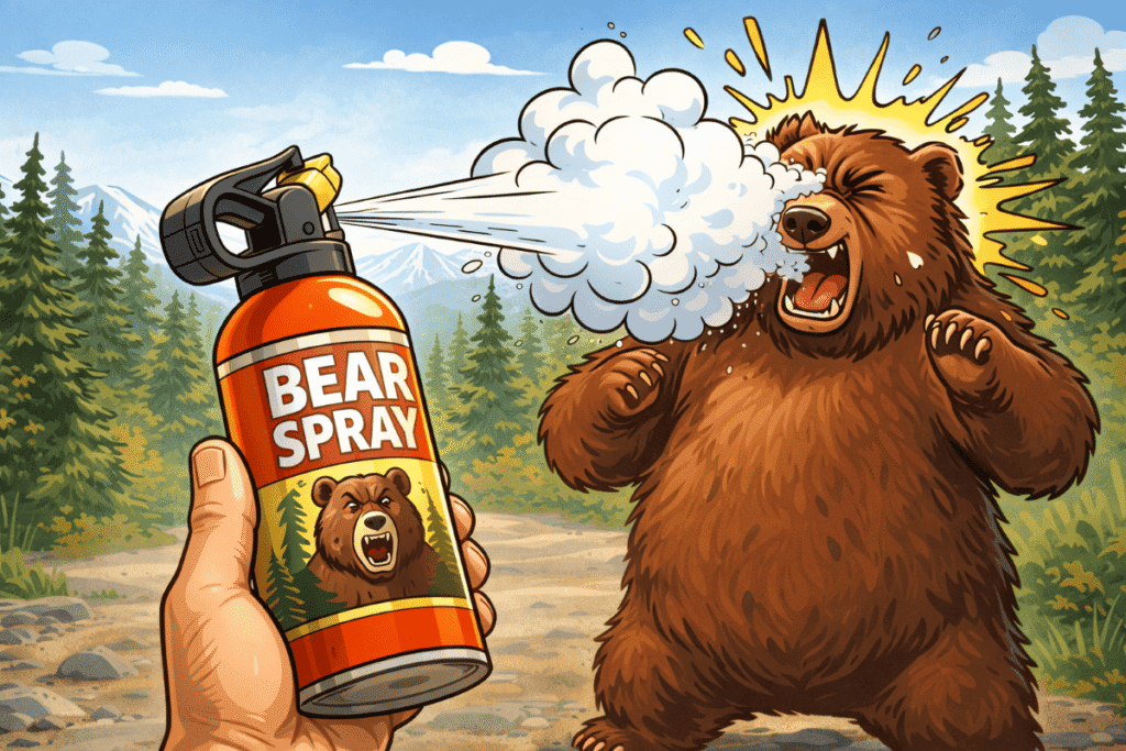 Cartoon of a can of bear spray being used on a surprised brown bear in a forest setting.