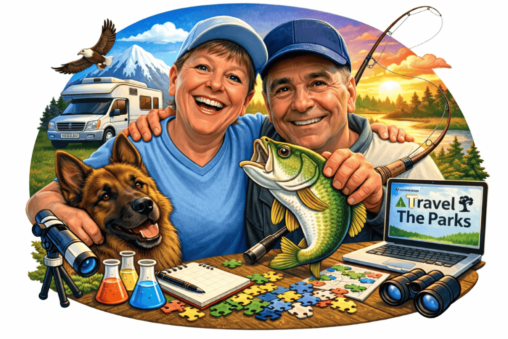 A happy elderly couple with a dog, holding a fish, surrounded by a scenic landscape and various objects like a laptop and binoculars.

