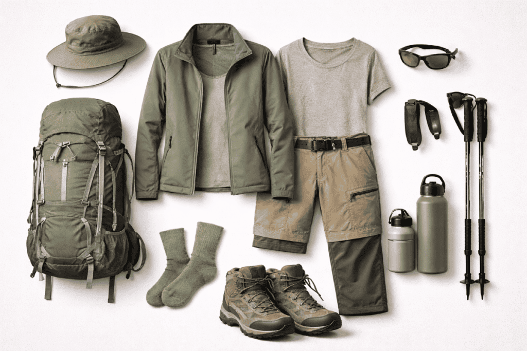 A collection of green and beige hiking gear including a backpack, clothing, boots, hat, trekking poles, sunglasses, and water bottles.

