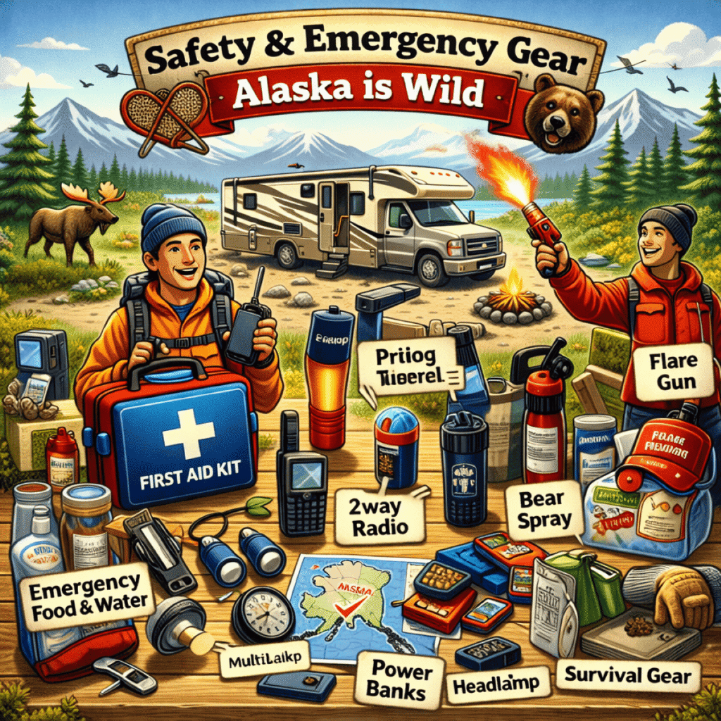 Illustration of campers with safety and emergency gear in an Alaskan wilderness setting.

