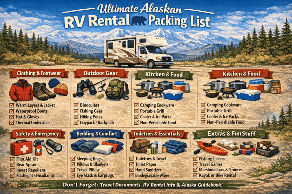 Alaskan RV rental packing list with categories for clothing, outdoor gear, kitchen supplies, safety, bedding, toiletries, and extras, set against a mountain backdrop.