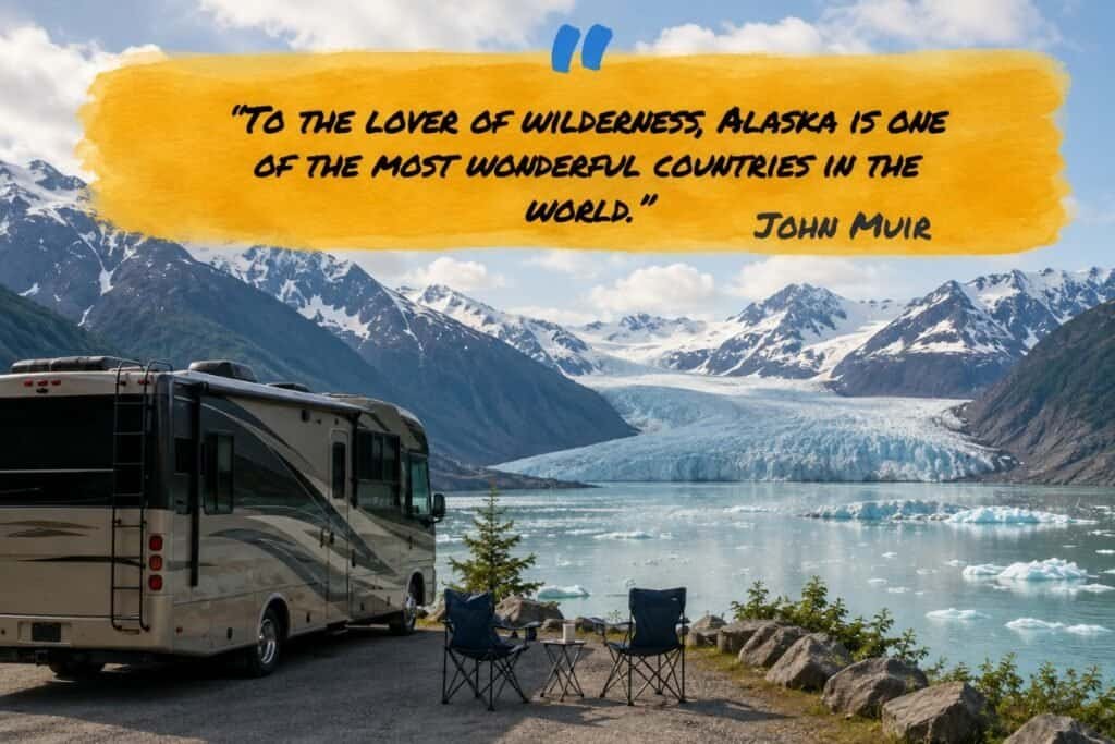 A scenic view in Alaska with a beige RV parked near a glacier, snow-capped mountains, and two blue chairs beside a table, featuring a quote by John Muir.
Transcribed Text:
"To the lover of wilderness, Alaska is one of the most wonderful countries in the world."
John Muir