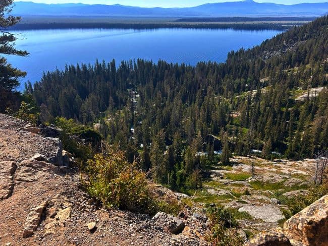 Scenic view of Jenny Lake with surrounding forest and distant mountains.