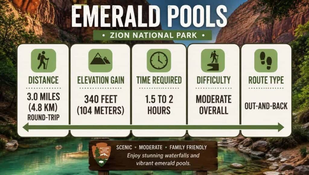 Infographic for Emerald Pools trail in Zion National Park, detailing trail distance, elevation gain, time required, difficulty, and route type.