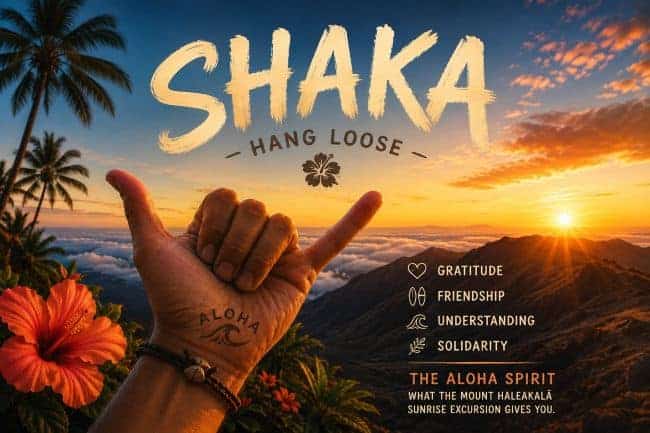 A hand forming a "shaka" gesture in front of a colorful sunset over mountains, with the palm displaying "ALOHA," surrounded by tropical flowers and the word "SHAKA" prominently at the top.