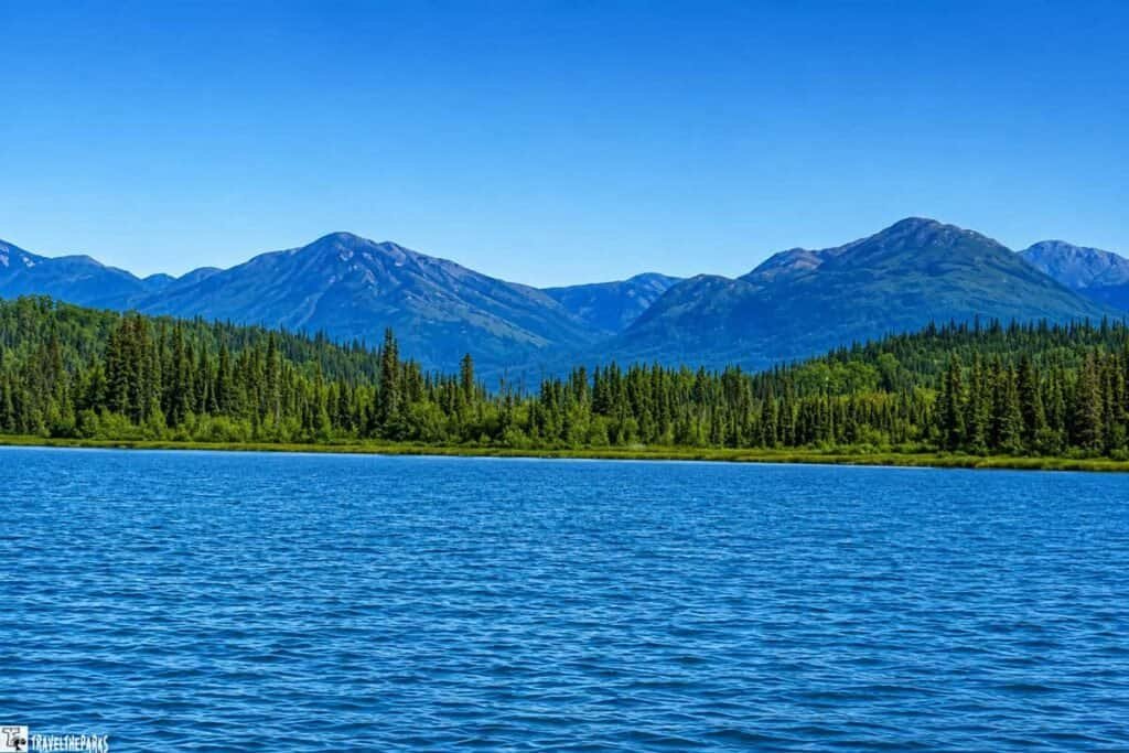 A serene view of Skilak Lake, bordered by dense forests and mountains under a clear blue sky.