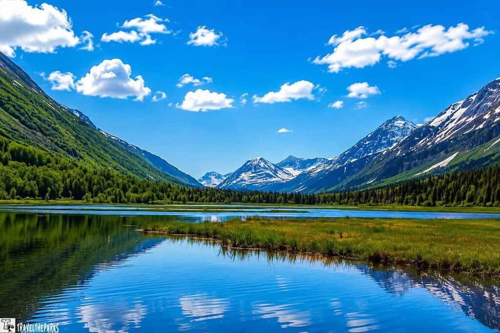 Mountainous landscape of Tern Lake with rippled water and snow-streaked mountains. Chugach National Forest