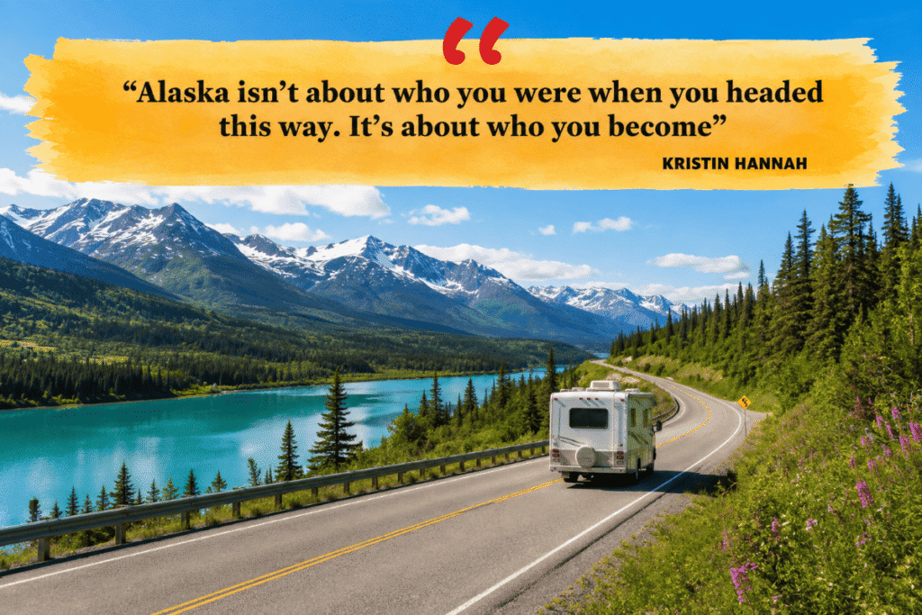 A winding road runs beside a turquoise river with snow-capped mountains in the background. A white RV drives along the road. A quote from Kristin Hannah is displayed in a yellow speech bubble at the top.